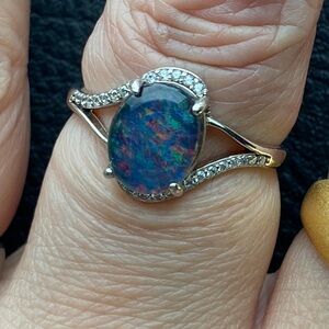925 Sterling Silver and Blue Opal Ring with CZ accents